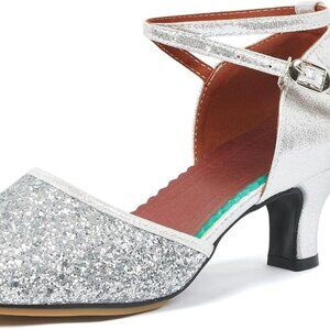 iCKER Womens Silver Glitter Ballroom Heeled Shoes US 7.5